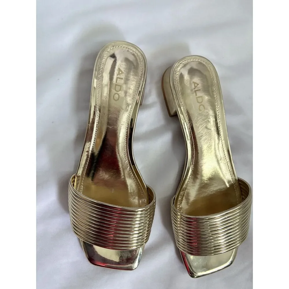 ALDO New Women's Neela Flat Sandal Gold Square Shape Princess Size 8.5 Classy